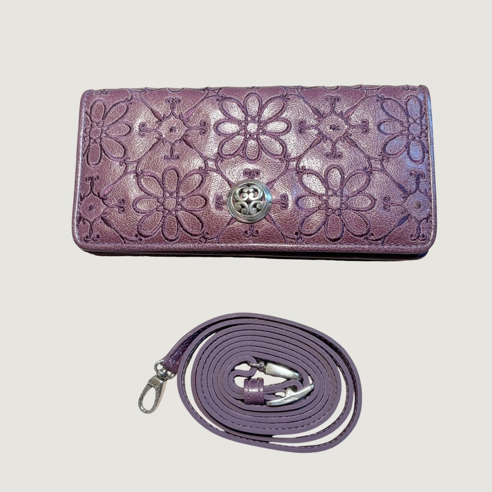 Brighton Valencia Embroidered Purple Floral Leather Crossbody Wallet Clutch
